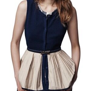 Anthropologie MOTH Darcy Peplum Navy / Tan Knit Cotton Sleeveless Vest Sz Small